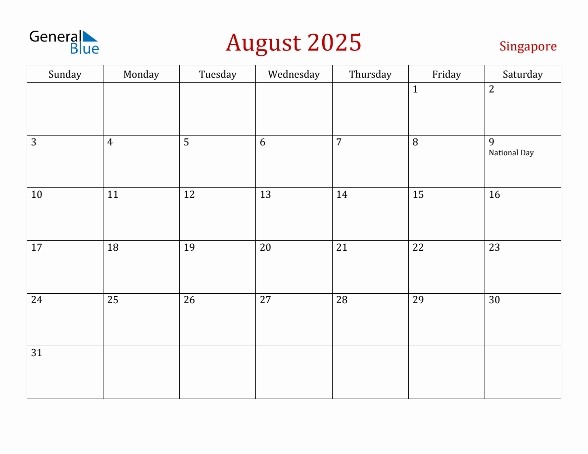 August 2025 Singapore Monthly Calendar with Holidays