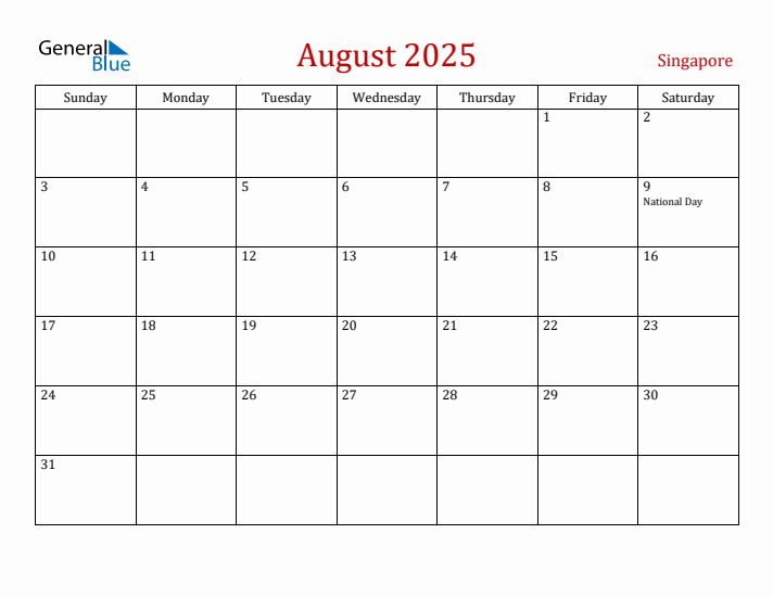 Singapore August 2025 Calendar - Sunday Start