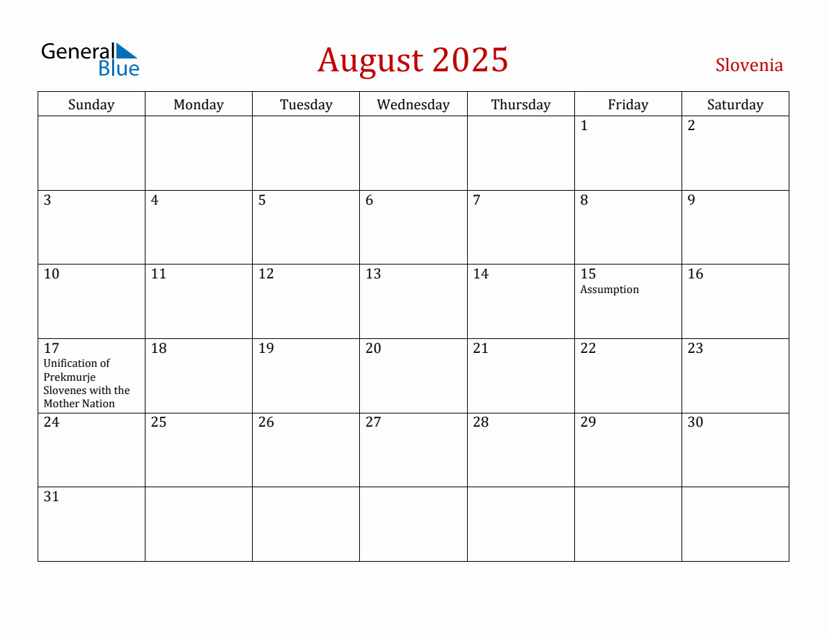 August 2025 Slovenia Monthly Calendar with Holidays