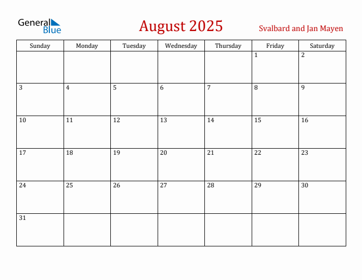 Svalbard and Jan Mayen August 2025 Calendar - Sunday Start