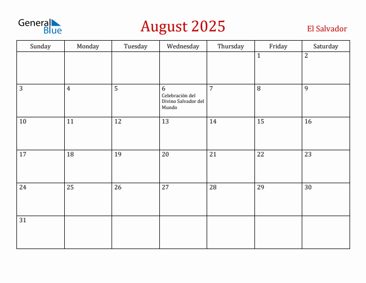 El Salvador August 2025 Calendar - Sunday Start