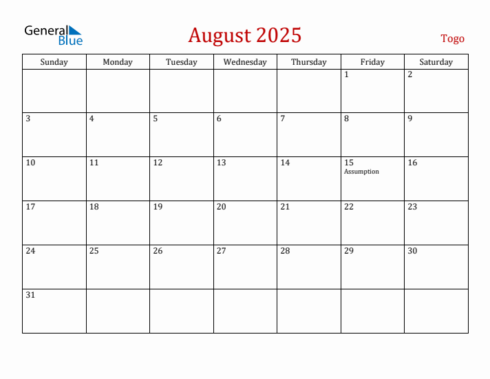 Togo August 2025 Calendar - Sunday Start