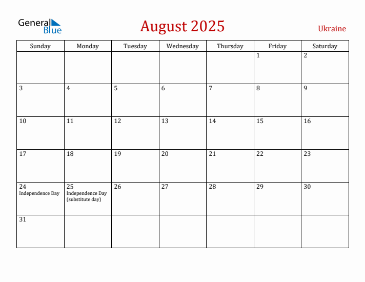 Ukraine August 2025 Calendar - Sunday Start