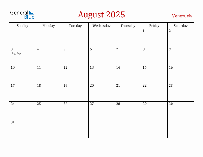 Venezuela August 2025 Calendar - Sunday Start
