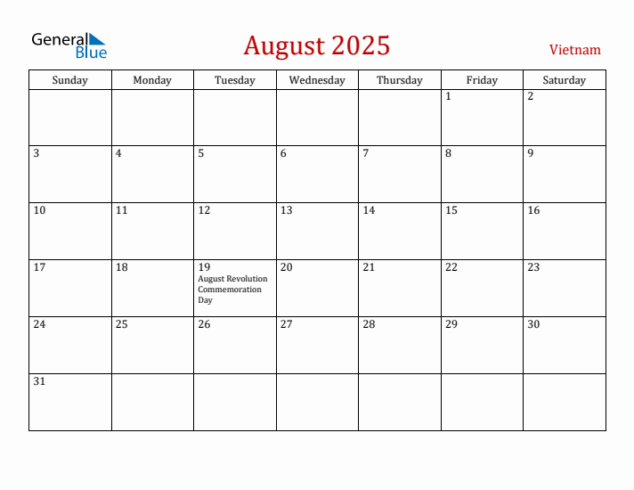 Vietnam August 2025 Calendar - Sunday Start