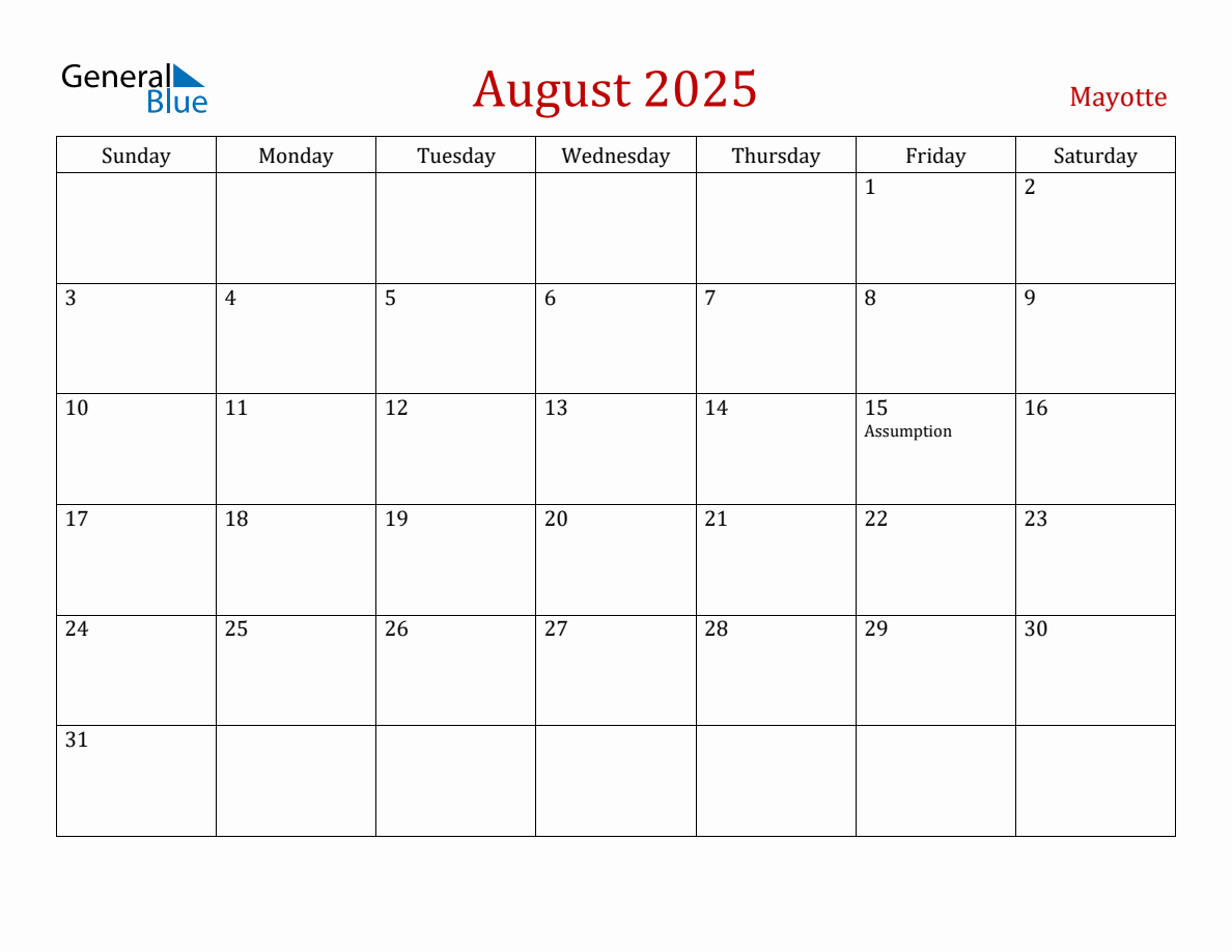 August 2025 Mayotte Monthly Calendar with Holidays