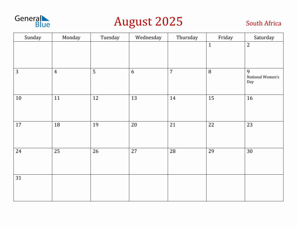 August 2025 South Africa Monthly Calendar with Holidays