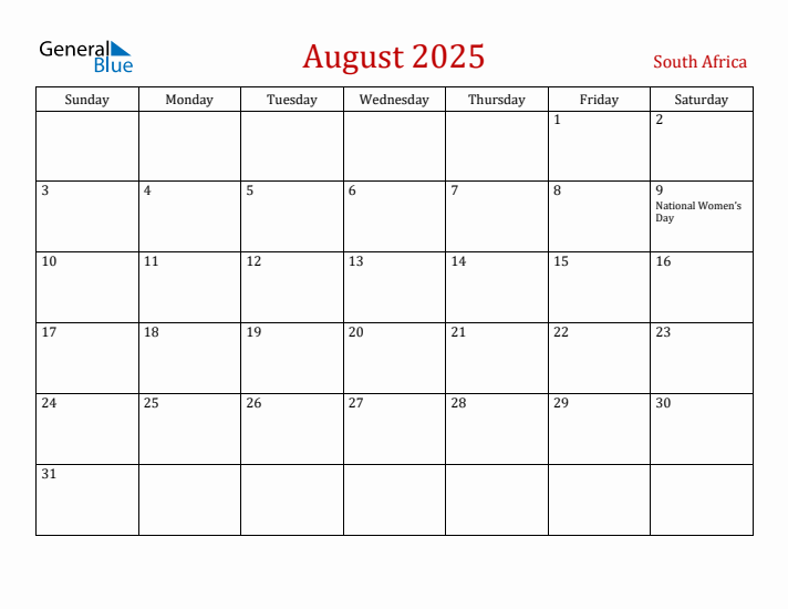 South Africa August 2025 Calendar - Sunday Start