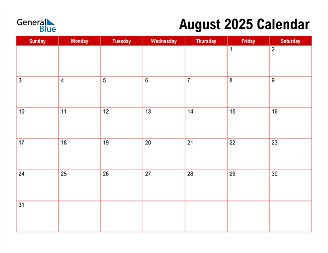 August 2025 Calendar (PDF Word Excel)