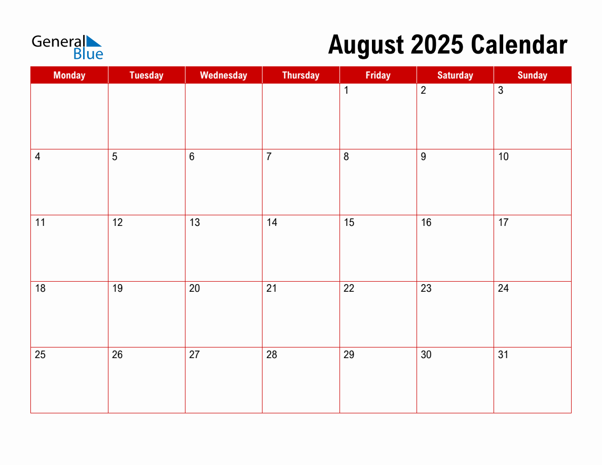 Basic Monthly Calendar August 2025