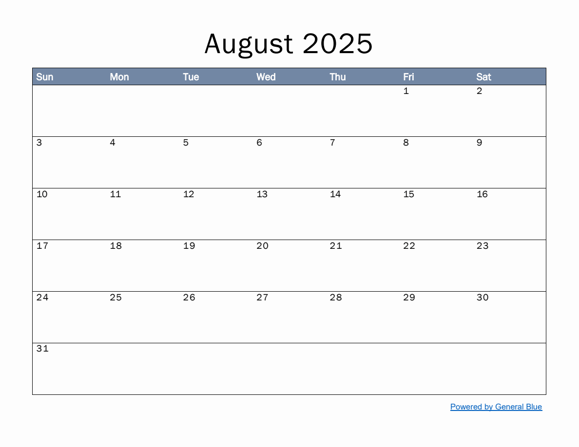 Monthly Calendar Template for August 2025