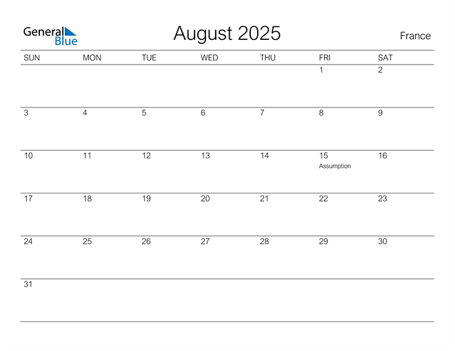 France August 2025 Calendar with Holidays