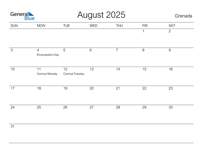 Printable August 2025 Calendar for Grenada