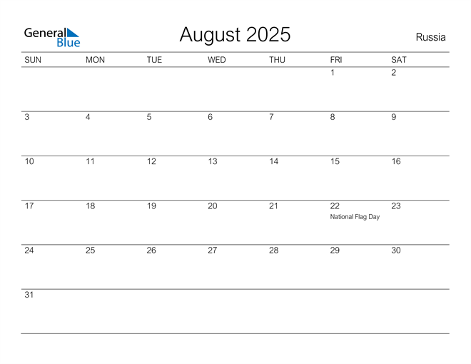 August 2025 Calendar with Russia Holidays