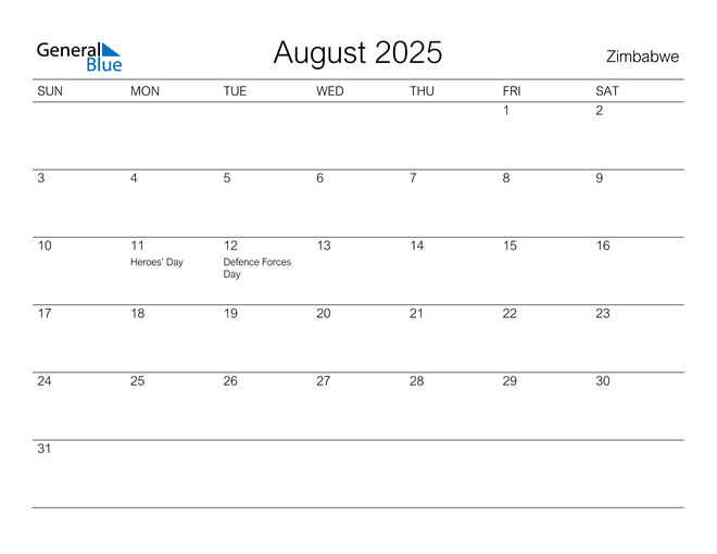 August 2025 Calendar with Zimbabwe Holidays