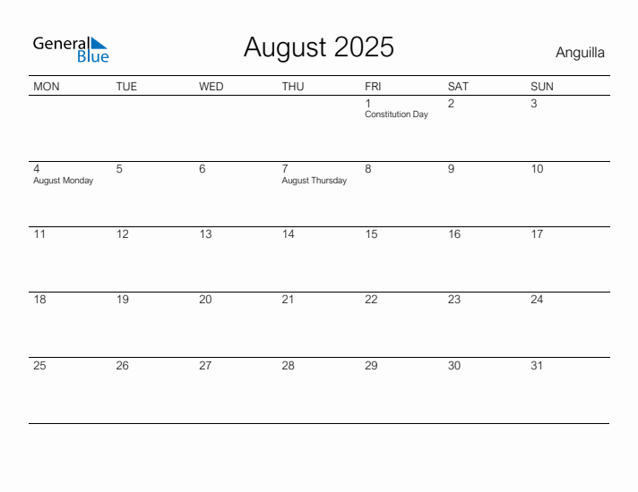 Printable August 2025 Calendar for Anguilla