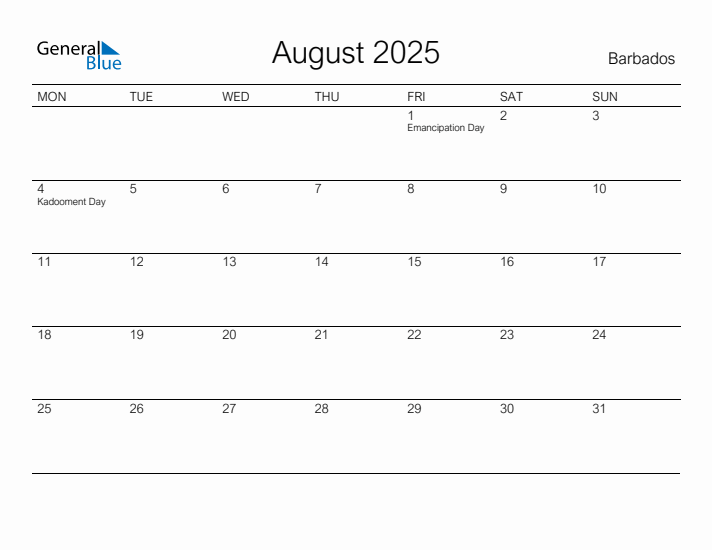 Printable August 2025 Calendar for Barbados