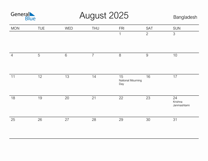 Printable August 2025 Calendar for Bangladesh