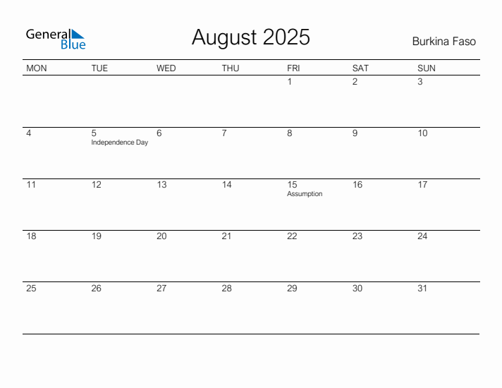 Printable August 2025 Calendar for Burkina Faso