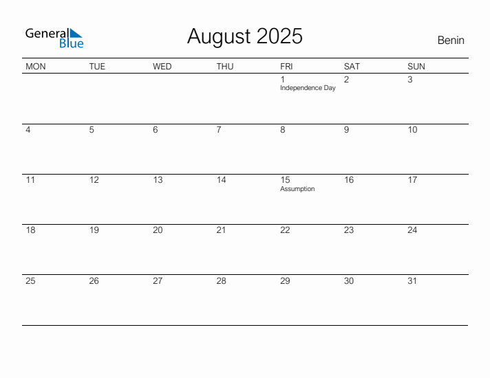 Printable August 2025 Calendar for Benin