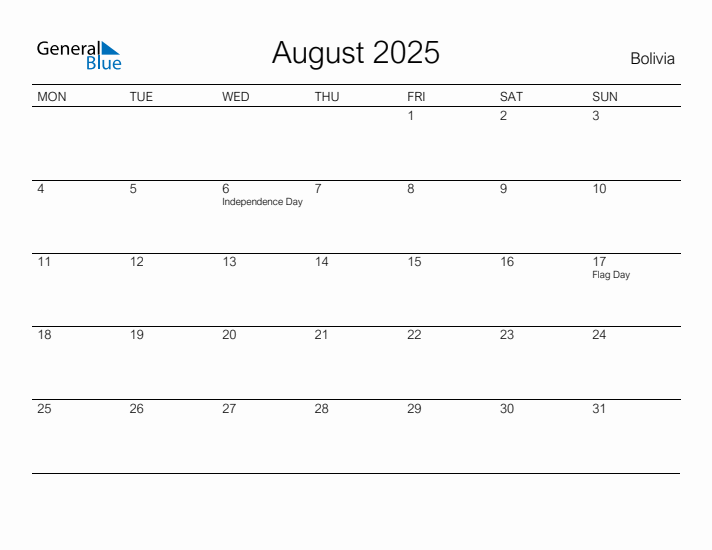 Printable August 2025 Calendar for Bolivia