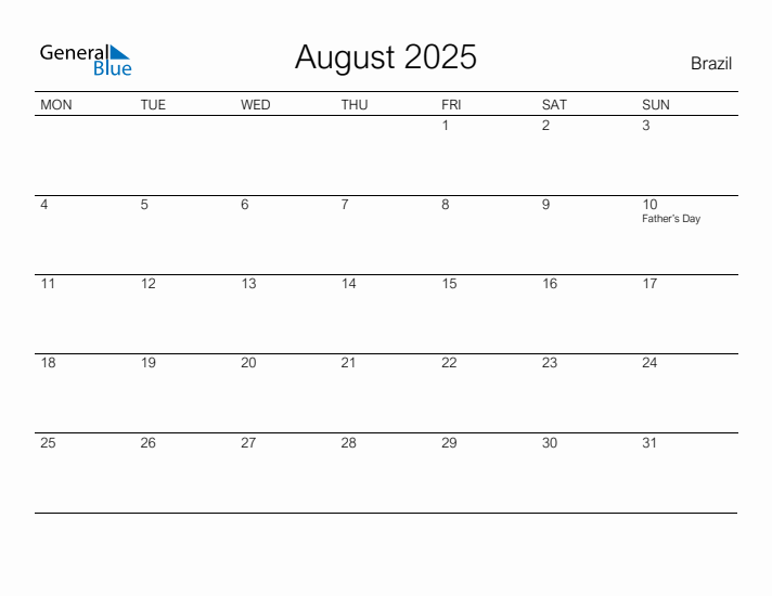 Printable August 2025 Calendar for Brazil