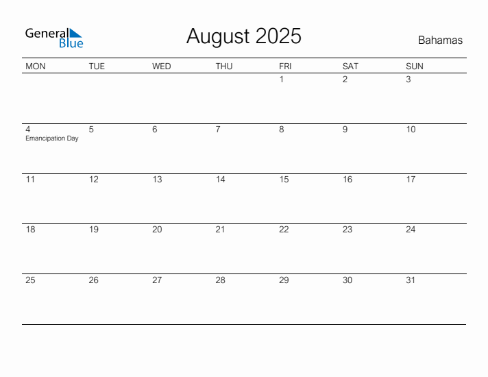 Printable August 2025 Calendar for Bahamas
