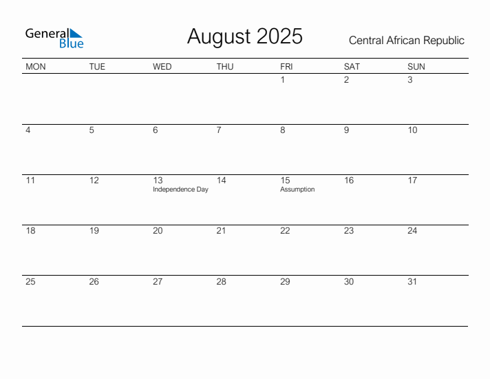 Printable August 2025 Calendar for Central African Republic