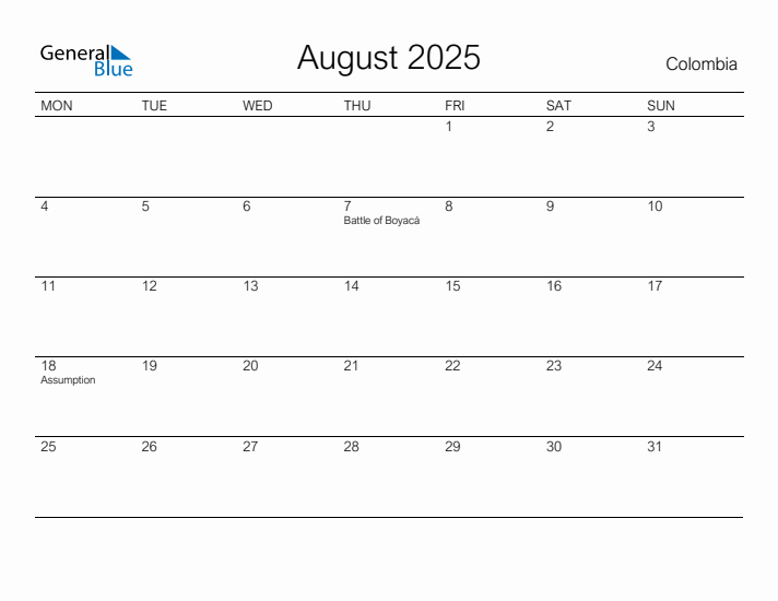 Printable August 2025 Calendar for Colombia