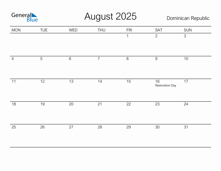 Printable August 2025 Calendar for Dominican Republic