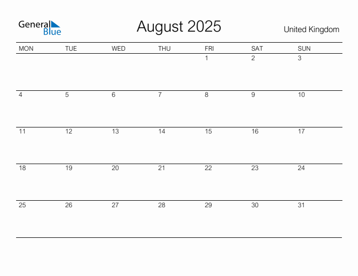 Printable August 2025 Monthly Calendar with Holidays for United Kingdom