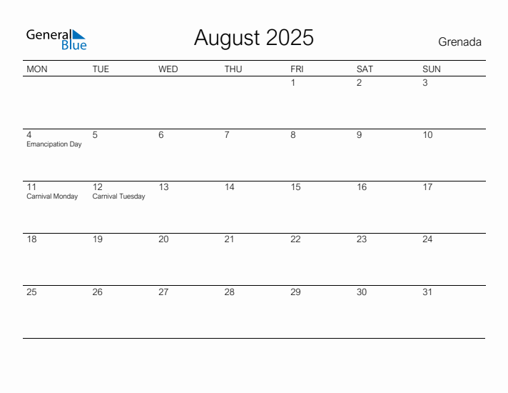 Printable August 2025 Calendar for Grenada