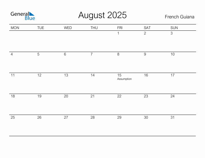 Printable August 2025 Calendar for French Guiana