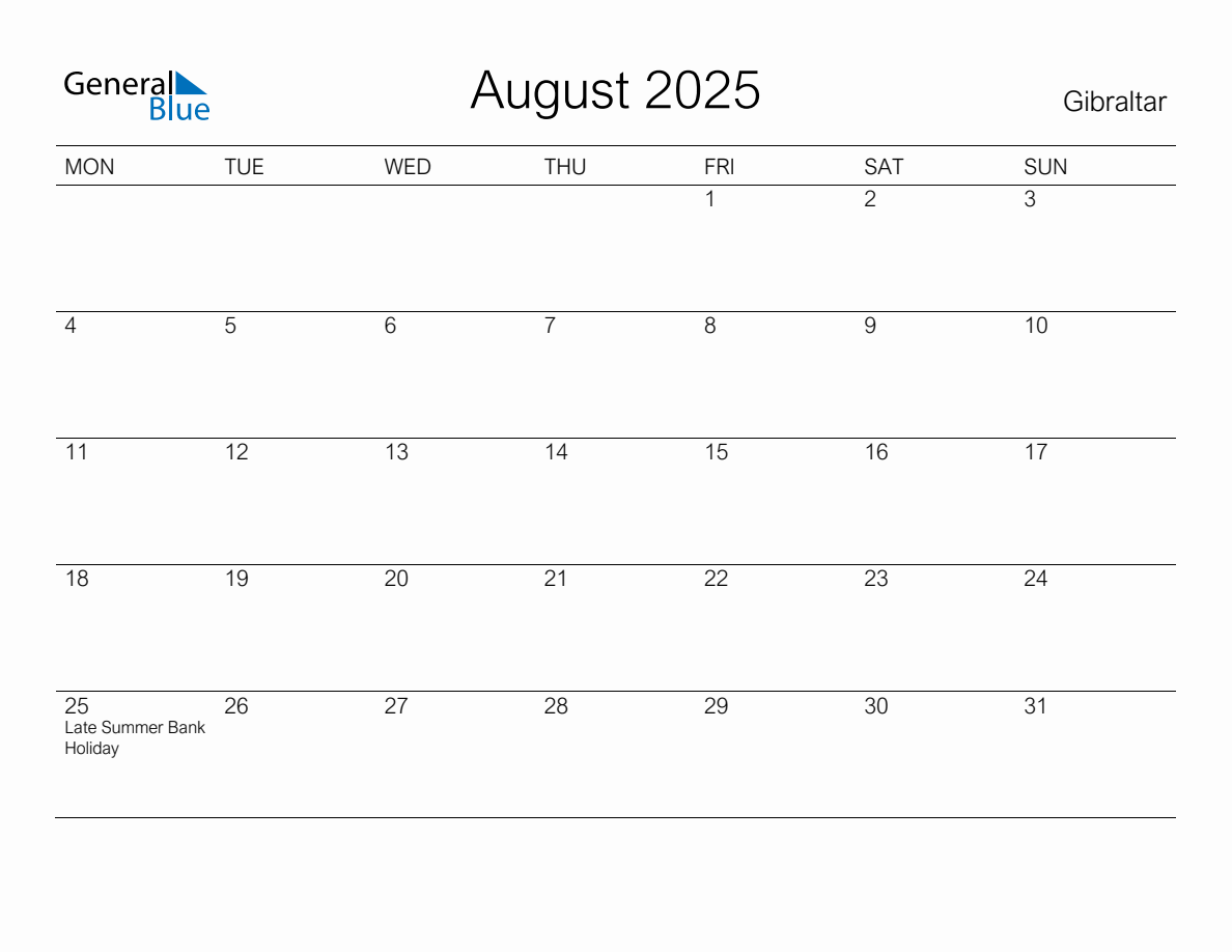 Printable August 2025 Monthly Calendar with Holidays for Gibraltar