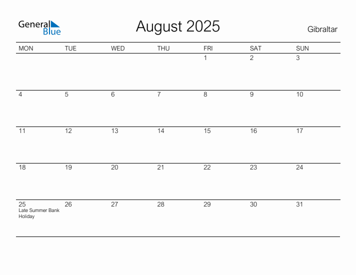 Printable August 2025 Calendar for Gibraltar