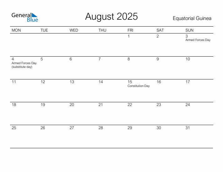 Printable August 2025 Calendar for Equatorial Guinea