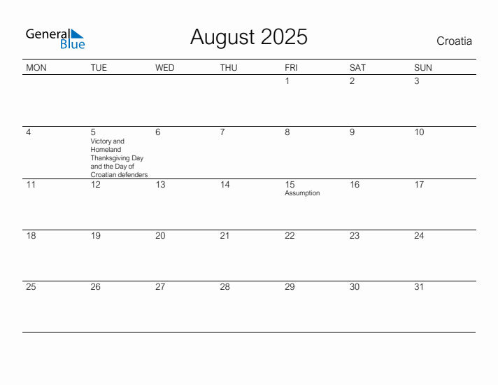 Printable August 2025 Calendar for Croatia