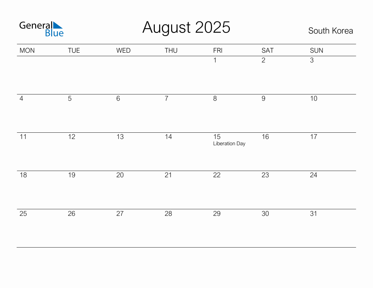 Printable August 2025 Monthly Calendar with Holidays for South Korea