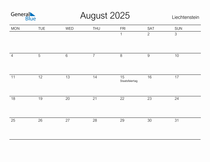 Printable August 2025 Calendar for Liechtenstein