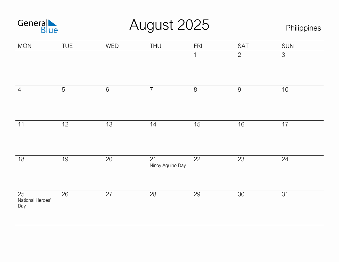 Printable August 2025 Monthly Calendar with Holidays for Philippines