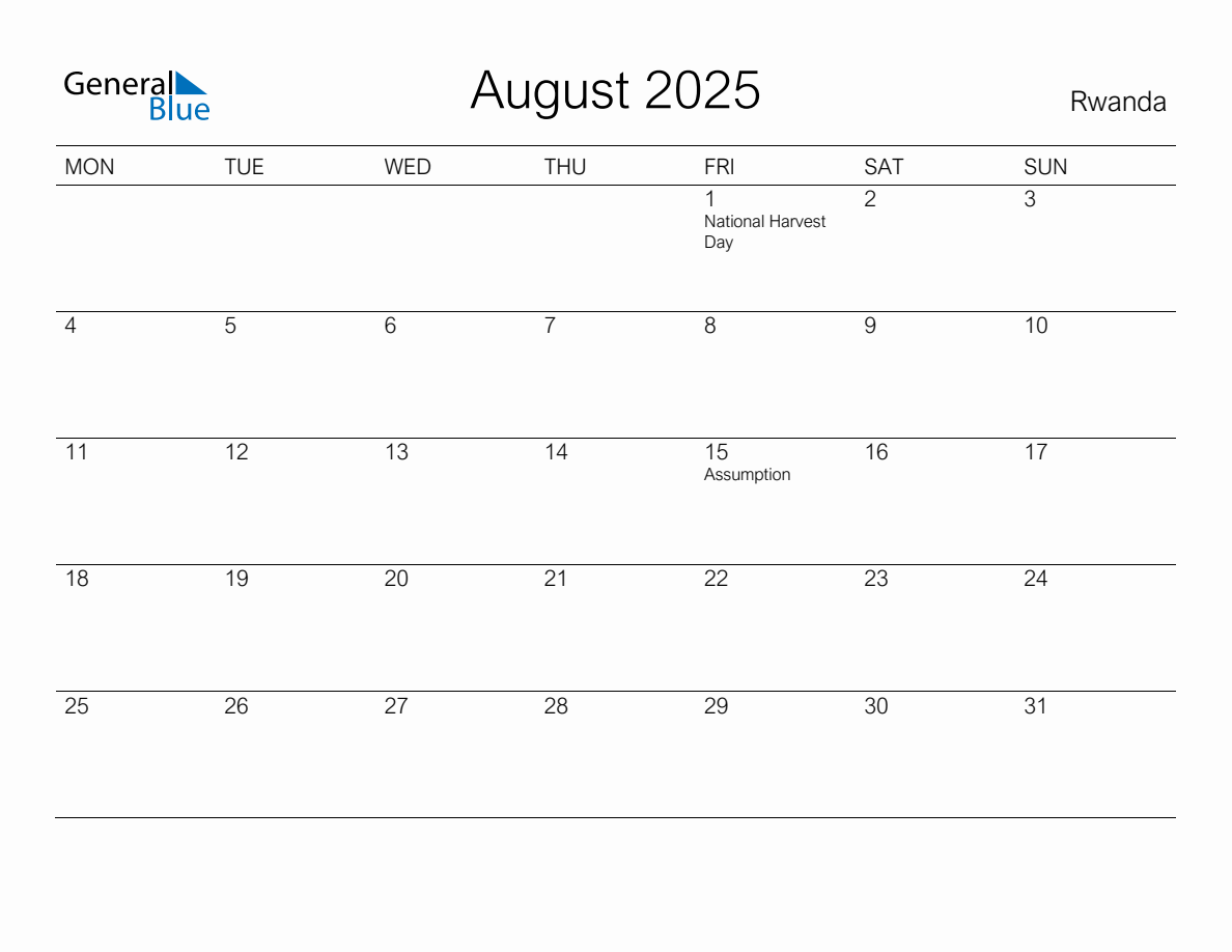 Printable August 2025 Monthly Calendar with Holidays for Rwanda