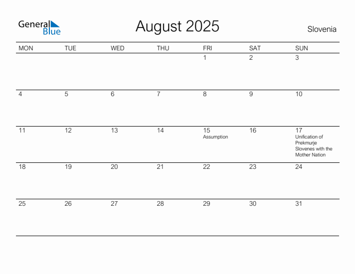 Printable August 2025 Calendar for Slovenia