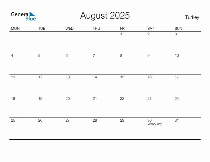 Printable August 2025 Calendar for Turkey