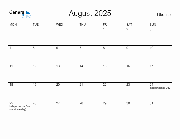 Printable August 2025 Calendar for Ukraine