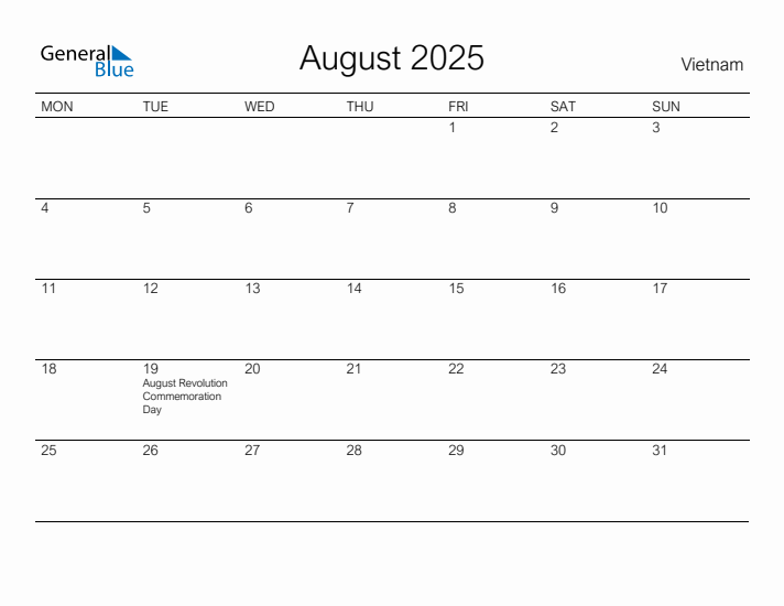 Printable August 2025 Calendar for Vietnam