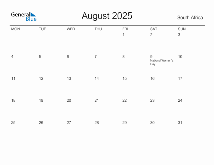 Printable August 2025 Monthly Calendar with Holidays for South Africa