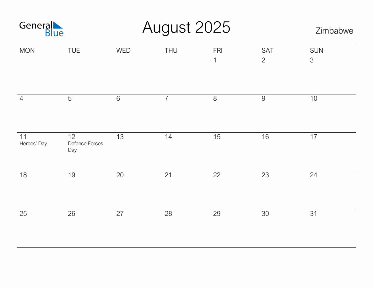 Printable August 2025 Monthly Calendar with Holidays for Zimbabwe