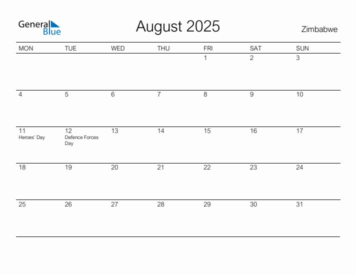 Printable August 2025 Calendar for Zimbabwe