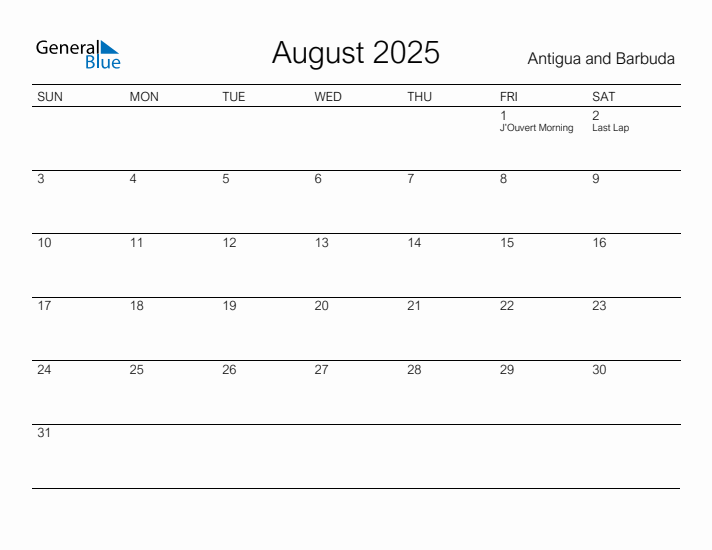Printable August 2025 Calendar for Antigua and Barbuda