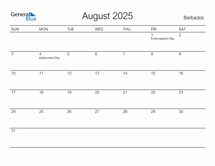 Printable August 2025 Calendar for Barbados
